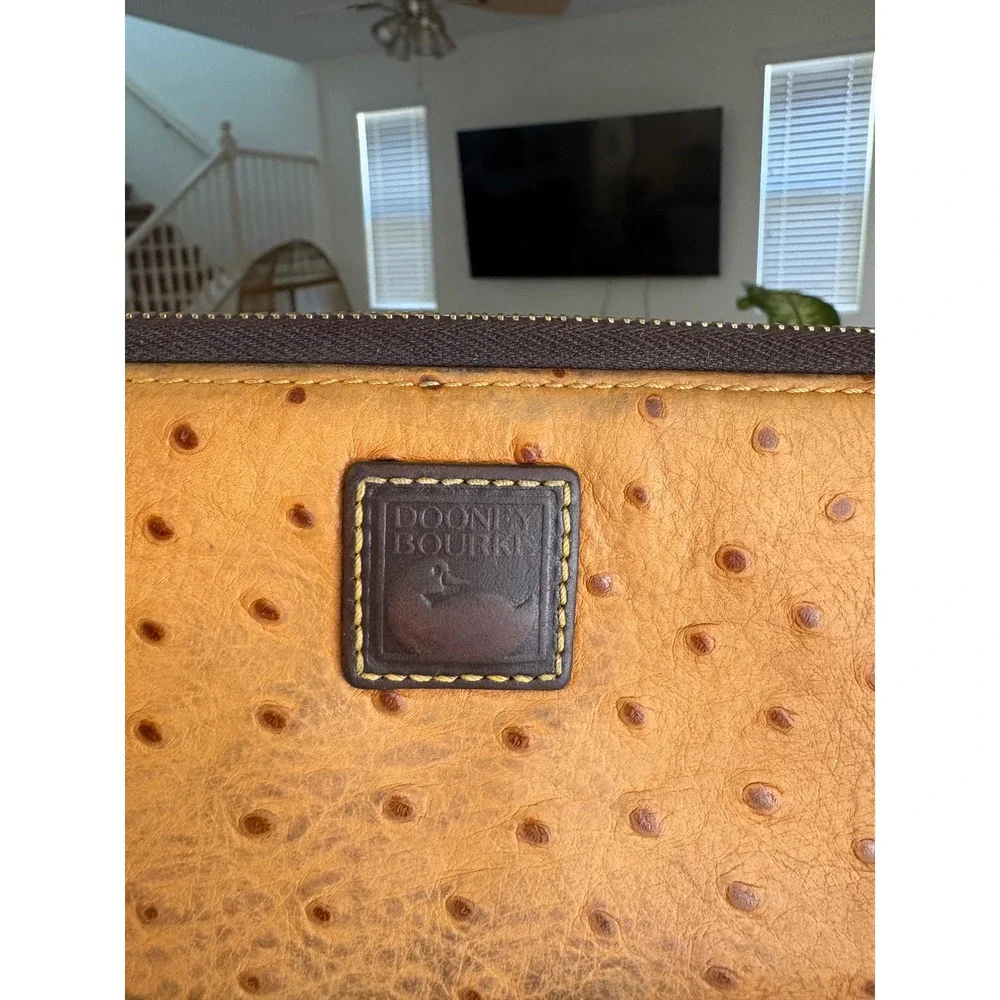 Dooney & Bourke Ostrich Embossed Leather Zip Around Clutch Wallet Tan Cognac